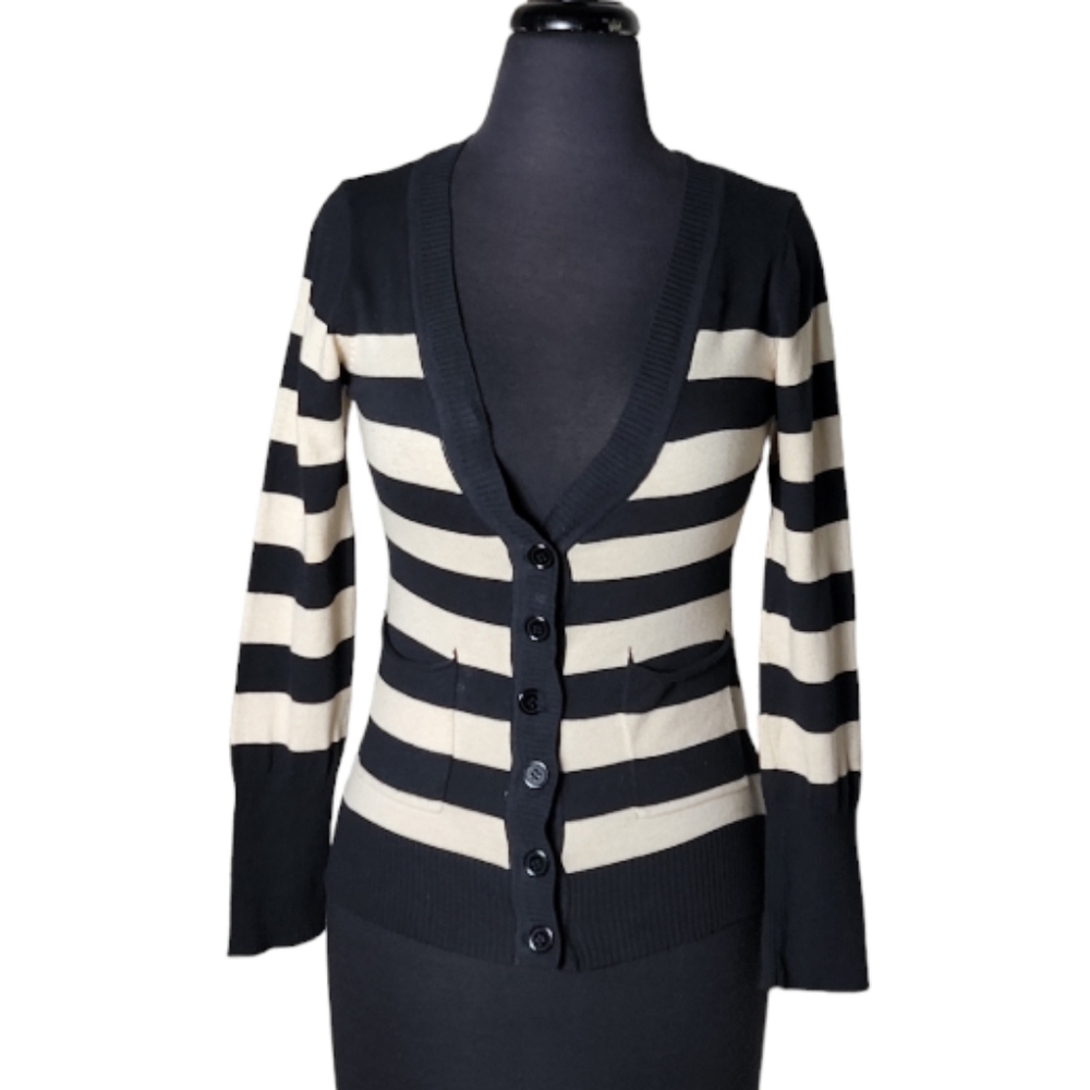 Pink Republic striped button cardigan women'ss large 14 black cream v neck